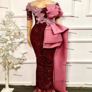 Elegant African Short Sleeves Mermaid Evening Dresses 2021 off shoulder Lace Beaded burgundy big bow Prom Gowns Robe De Soiree306z