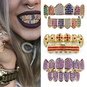 Multicolor CZ Zircon Vampire Teeth Fang Grillz 18K Real Gold Punk Hiphop Full Diamond Grills Hemas Tooth Cap Rapper Body Jewelry 208C