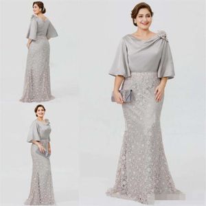 2019 Novo Prata Elegante Vestidos de Mãe da Noiva Meia Manga Renda Sereia Vestido de Convidado de Casamento Plus Size Vestidos de Noite Formais274A