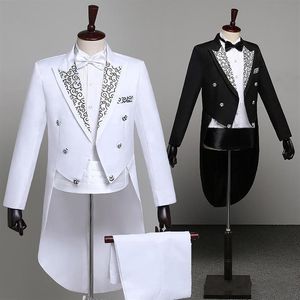 Abiti da uomo Blazer Tuxedo Frac Abito Uomo Classico Ricamo Brillante Risvolto Frac Matrimonio Sposo Palcoscenico Cantante TailsMen270f