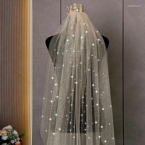 Hårklipp Champagne Glitter Wedding Veil Gloden Sparking Luxury Bridal 1 Tier Cathedral Long Bling Bride Decoration Accessories