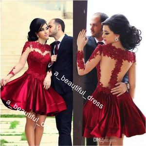 Party Events Special Occasion Burgogne Homecoming Dresses A-Line High Collar Long Hleeves Applices Lace Elegant Short Cocktail DR306R