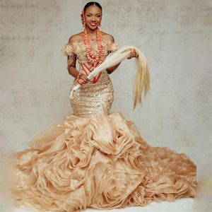 زائد الحجم aso ebi mermaid فساتين حفلة موسيقية الترتر ترتات tiers puffy urganza أفريقيا المرأة الرسمية الحزب اللباس العباءات الذهب المسائية 161 م