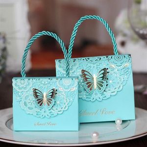 Candy Box Bag Chocolate Paper Presentpaket för födelsedagsbröllopsfest Favor Dekorleveranser DIY Baby Shower Handväska Butterfly Desig255y