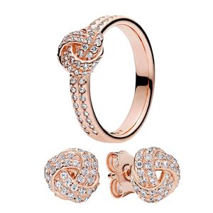 Schimmernde Knoten-Ohrstecker und Ring-Set für Pandora, 18 Karat Roségold, Designer-Schmuckset für Frauen und Mädchen, luxuriöser Kristall-Diamant-Ring-Ohrring mit Originalverpackung