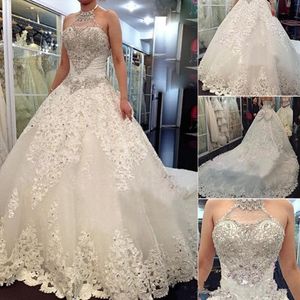 2019 Newest Luxury Wedding Dresses With Halter Swarovski Crystals Beads Backless A Line Chapel Train Lace Bling Customed Ivory Bri2066