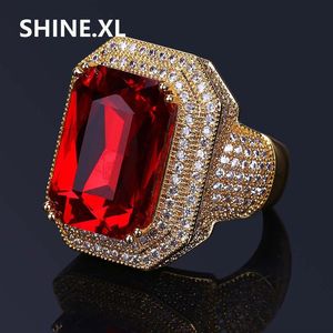 Hip Hop New Design Square Cut Ruby Ring Real Gold Plated Jewelry for Women Fashion Engagement Wedding Ring334i