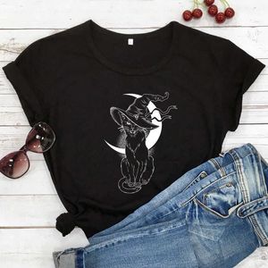 Celestial Moon Cat Witch T-shirt Aesthetic Women