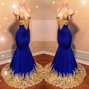 Prom sexy Halfter Kleider Königliche Blau und Gold Applikationen Meerjungfrau Abendkleider Deep v Hals Rückenless Count Zugperlen Tail Party226z