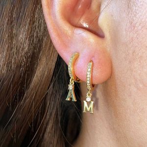 BLING ENGLISH A-Z 26 LETTERS NAMN EARRING Cubic Zirconia Huggie Hoop Initial Dingle Drop Earring Real Gold Plated Ear Rings Hip Hop Personaliserade smycken för kvinnor