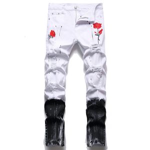 Herren Jeans Männer Rose Stickerei Mode Löcher Ripped Stretch Denim Hosen Unten Reißverschluss Slim Tapered Bleistift Hose Weiß Schwarz 230720