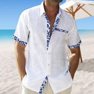 Camicie casual da uomo Camicia di lino estiva Moda da spiaggia Bianco Rosa Blu navy Manica corta Collo a polo con fiore Top oversize giornaliero 230720