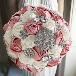 Flores decorativas 1 pç/lote buquê de noiva rosa escuro com decoração de pérola de diamante prateado