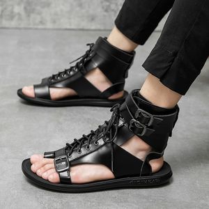 Sandals Summer Men's Gladiator Lace Buckle Leather Casual Shoes Breathable Beach Sandals Outdoor Slippers Black and White Plus 230719