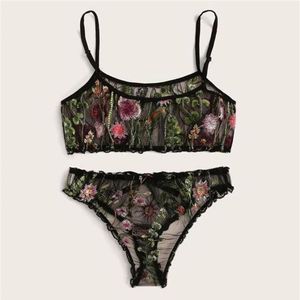Sexy Dessous-Set für Damen, floral bestickt, durchsichtiger Netz-BH, Höschen, 2-teiliges Nachtwäsche-Set 2020, New265U