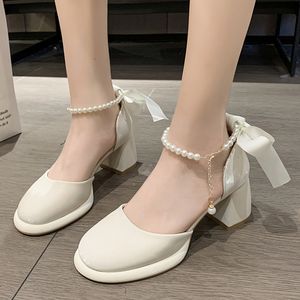 Klänningskor Pearl Ankle Buckle Thick Heel Pumps Women Back Bowtie Lace Up Mary Jane Shoes Woman Autumn Platform High Heels Dress Shoes 230719