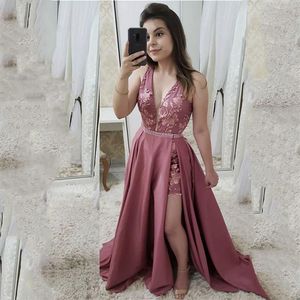 2021 Två stycken avtagbar tåg Aftonklänning V Neck Lace Appliques Pearls Prom Gowns Short Girls Formal Party Dress252p