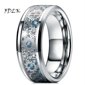 Bröllopsringar Mens Steampunk Gear Wheel rostfritt stål Ring Dragon Inlay Light Blue Carbon Fiber Gothic Band Size 6-13224e