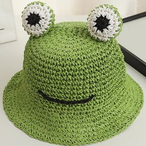 Szerokie brzegowe czapki 2023 Urocze urocze zielona żaba wiadra słoma kreskówka Summer Funny Sun Caps Moda ochronna