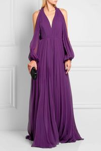 Party Dresses Classic Long Sleeve Purple Chiffon Evening A-Line V-hals golvlängd Vestidos de noite prom formell klänning för kvinnor