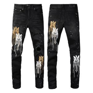 Designer Mens Miri Jeans Denim Pantalone strappato strappato motociclista ricamo patch buco pantalone moda cool slim fit pantaloni stile motociclista cotone di tendenza di alta qualità