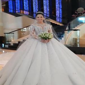 Długie rękawy 2019 Kryształowe suknie ślubne aplikacje księżniczki ślubne suknie ślubne plus size ślubne suknie ślubne arabskie 231q