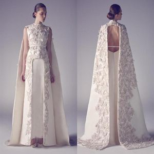 アラビア語のイブニングドレスZuhair Murad High Neck Long Prom Gownsアップリケシースページェントスプリットフロントフォーマルイブニングドレス