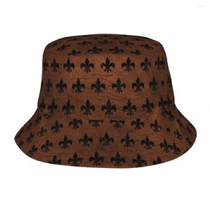 Berretti Fashion Royal Black Marble Brown Leather Fleur De Lis Bucket Hat Uomo Donna Lily Flower Symbol Outdoor Sun Summer Fisherman Cap