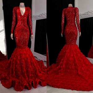 2023 Burgundy Lace Sequin Mermaid Prom Dresses Black Girls V Neck Long Sleeves Sweep Train Formal Evening Gowns Real Image BC15403228Z