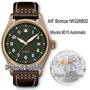 AIF Spitfire Automatyczne brąz IW326802 Miyota 9015 Automatyczne męskie zegarek Zielone wybieranie brązowych skórzanych zegarków P214a