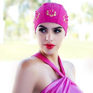 Elastico impermeabile Proteggi orecchie Capelli lunghi Cappello da piscina Cuffia da nuoto Fiore pieghettato Dimensioni da bagno per donna Caps225B