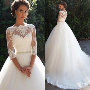 3/4 maniche lunghe abito di perle abito da sposa tulle principessa abiti da ballo da sposa pountry giardino vintage pizzo plus size robe de mariage245u