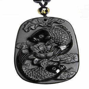 Natural Obsidian Pisces Lotus Fish Koi Necklace Amulet Pendant With Bead Chain311z