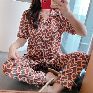 Whole Summer Brand Designer Letters Print Ice Silk Pajamas Home Textile Fashion Casual Women Short Sleeve Long Pants Sleepwear297j