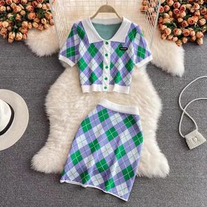 Work Dresses Runway Summer Korean Women Plaid Knitted POLO Collar Short-Sleeved T-shirt Crop Top High Waist Mini Skirts Two Pieces Set