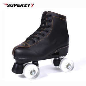 Inline Roller Skates Luxury Black Leather Roller Skates Woman Man Children Double Row PU 4-Wheels Quad Skating Sneakers Outdoor Patines Shoes HKD230720