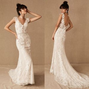 2020 Bhldn Mermaid 웨딩 드레스 깊은 V 목 섹시 레이스 아플리케 컨트리 웨딩 드레스 맞춤형 벨트 해변 신부 go242p