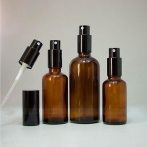 Amber Glass Spray Parfymflaskor 10 ml 15 ml 20 ml 30 ml 50 ml 100 ml tjocka sprutflaskor med svart pumpsprutatomizer Rubce