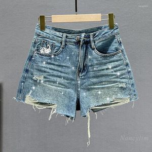 Women's Jeans Ripped Denim Shorts Diamond-Studded Pants 2023 Summer High Waist Shiny Drilling Wide Leg Street