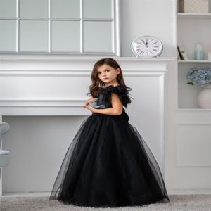 2021 Sweet Tule Appliques Long Flower Girls Drange Seuqin без рукавов цветочниц с шифоновыми платьями по шифоновым платья с луком A-Line