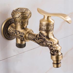 Long Double Use Carved Bibcock Faucet Tap Crane Antique Brass Finish Wall Mount Laundry Faucet Garden Balcony Cold Water Taps235Q