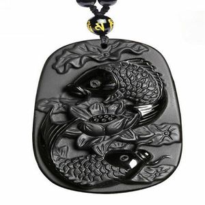 Natural Obsidian Pisces lotus fish koi necklace Amulet pendant with bead chain200q