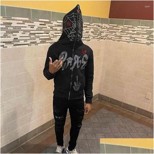 Men'S Hoodies Sweatshirts Mens Y2K Fl Zip Up Hoodie Men Autumn Winter Gothic Rhinestones Web Sweatshirt Hip Hop Grunge Skeleton Ov Dhozp