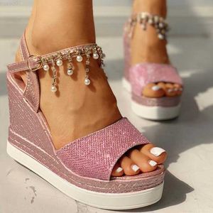 Sandals 2021 New Women Wedge Sandals Summer Bead Studded Detail Platform Sandals Buckle Strap Peep Toe Thick Bottom Casual Shoes Ladie L230720