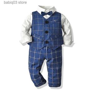 Set di abbigliamento Set da uomo autunno per bambini Gilet scozzese Camicia bianca pura Pantaloni per bambini Set tre pezzi T230720