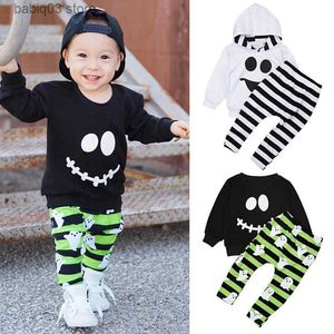 Set di abbigliamento Primavera e autunno per bambini Ragazzi a maniche lunghe Halloween Volto sorridente Due pezzi a righe Abbigliamento per bambini T230720