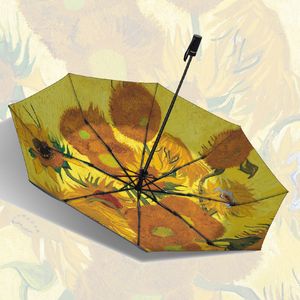 Guarda-chuva Van Gogh Girassol Pintura Sol/Chuva Guarda-chuva Dobra Tripla Resistente a UV Preto Adesivo Automático Pára-chuva Guarda-chuva 230719