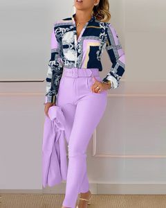 Casual Long Sleeve Shirt Pants Set Office Lady Elegant V Neck Floral Print Trousers Two Piece Set Women Outfit 2023