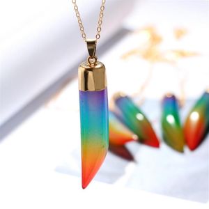 Rainbow Natural Stone Pendant Necklace Fashion Crystal Chakra Rock Necklace Gold Color Chain Quartz Long For Women F627303R