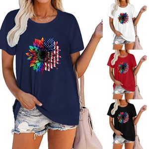 Flag of the United States T-shirt Independence Day T-shirt European Women's Loose Top Independence Day Women's Short Sleeve Large Flag Sunflower